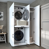 Roomart Waschmaschinenschrank " DORA SET" für Trockner & Waschmaschine, 115 cm breit, in 4 Farben, mit Türen & Ausziehbrett • Weiß • Weiß Eiche • Anthrazit Eiche • Eiche - waschmaschinenschrank, waschmaschinenregal, waschturm, schrank, weiß, waschmaschine