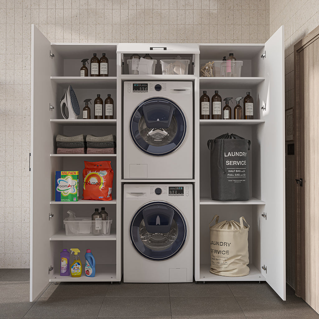Roomart wandmeubel DUO-I, 187 cm, met 2 hoge kasten en bovenkast voor wasmachine & droger, in 2 kleuren