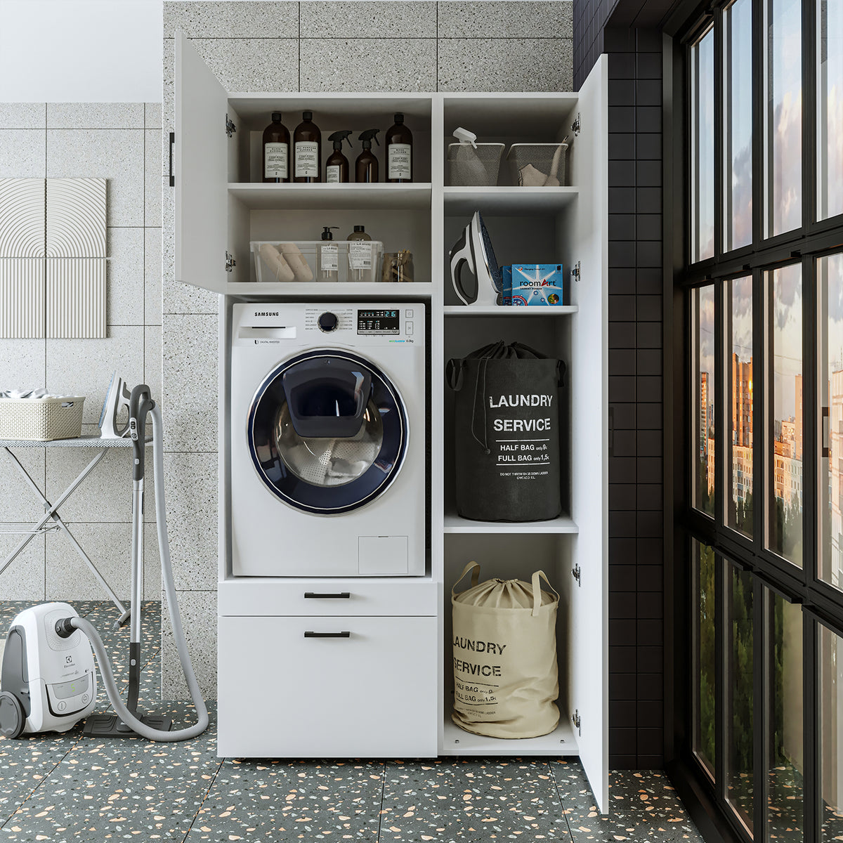 Roomart wasmachinekast SERIE 2, 112 cm, met hoge kast en uittrekplank, in 3 kleuren