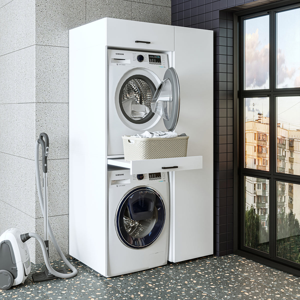 waschmaschinenschrank, waschmaschinen, unterschrank, waschmaschine, trockner, schrank, waschmaschinenüberbau, regal, waschturm, für, und, füsse, schränke, waschküche, möbel, überschrank, überbauschrank, überbau, bosch, wtww, waschmaschienenüberschrank, waschtowerschrank, wasserkistenregal, washing, machine, cabinet, heart, bodenwanne, gummimatte, gummigranulatmatte, hartgummiplatte, badezimmer, transportsicherung, gestell, uebereinander, waschmaschinenfüsse, schrankwand

Waschmaschinenschrank DUO-I in Weiß 