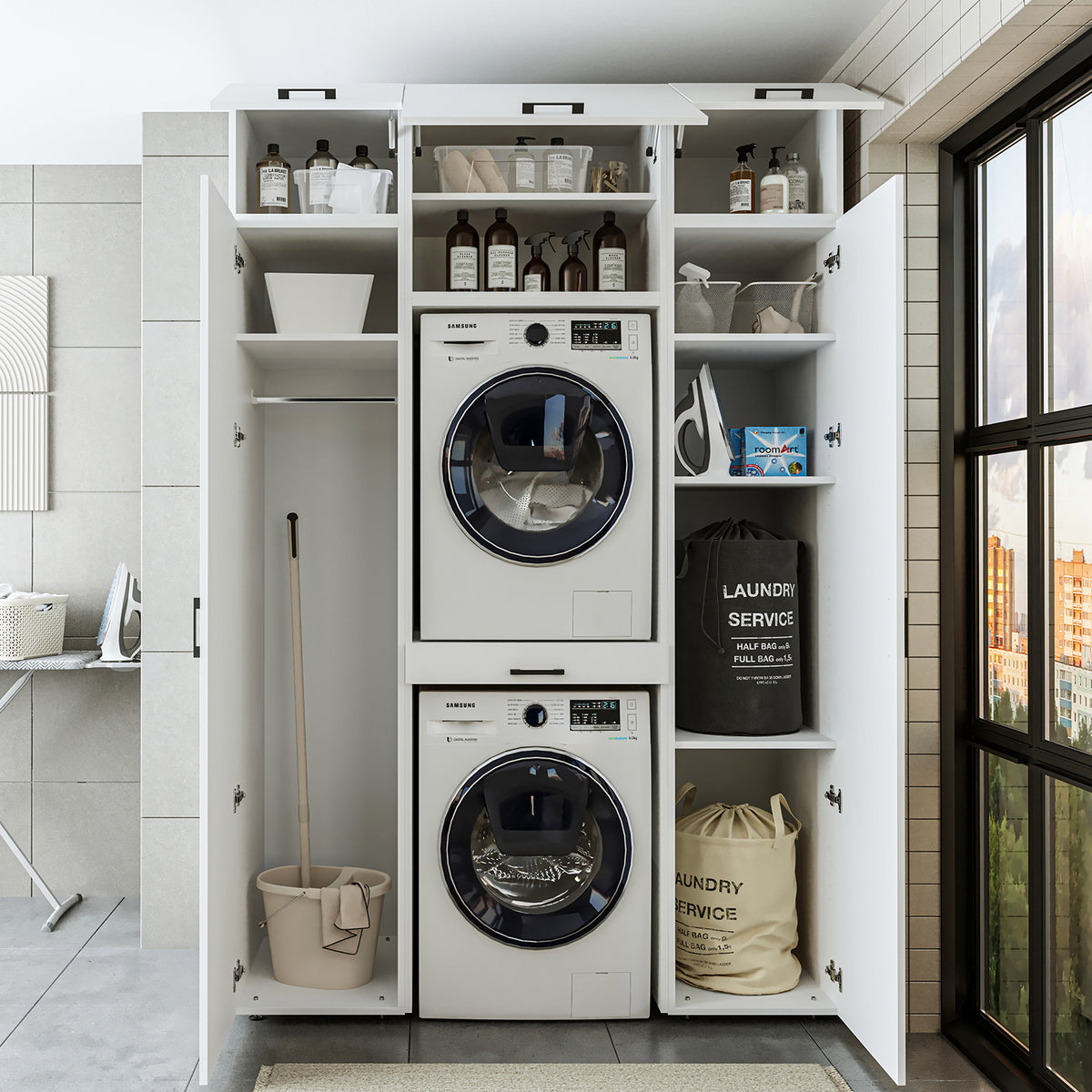Roomart wasmachinekast 157 cm, voor 2 apparaten met 2 hoge kasten, in 3 kleuren