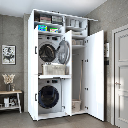 Roomart Waschmaschinenschrank " DORA SET" für Trockner & Waschmaschine, 130 cm breit, in 4 Farben, mit Türen & Ausziehbrett • Weiß • Weiß Eiche • Anthrazit Eiche • Eiche - waschmaschinenschrank, waschmaschinenregal, waschturm, schrank, weiß, waschmaschine