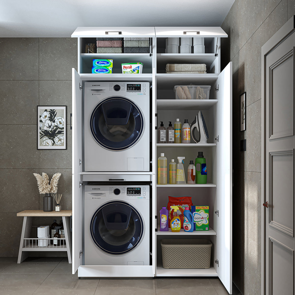 Roomart wasmachinekast DORA-I, 130 cm, met uittrekplank en hoge kast, 5 kleuren