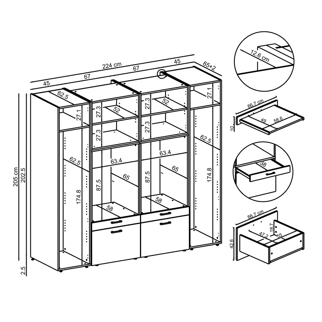 Roomart wandmeubel SERIE 2, 224 cm, voor 2 apparaten met 2 hoge kasten, in 3 kleuren