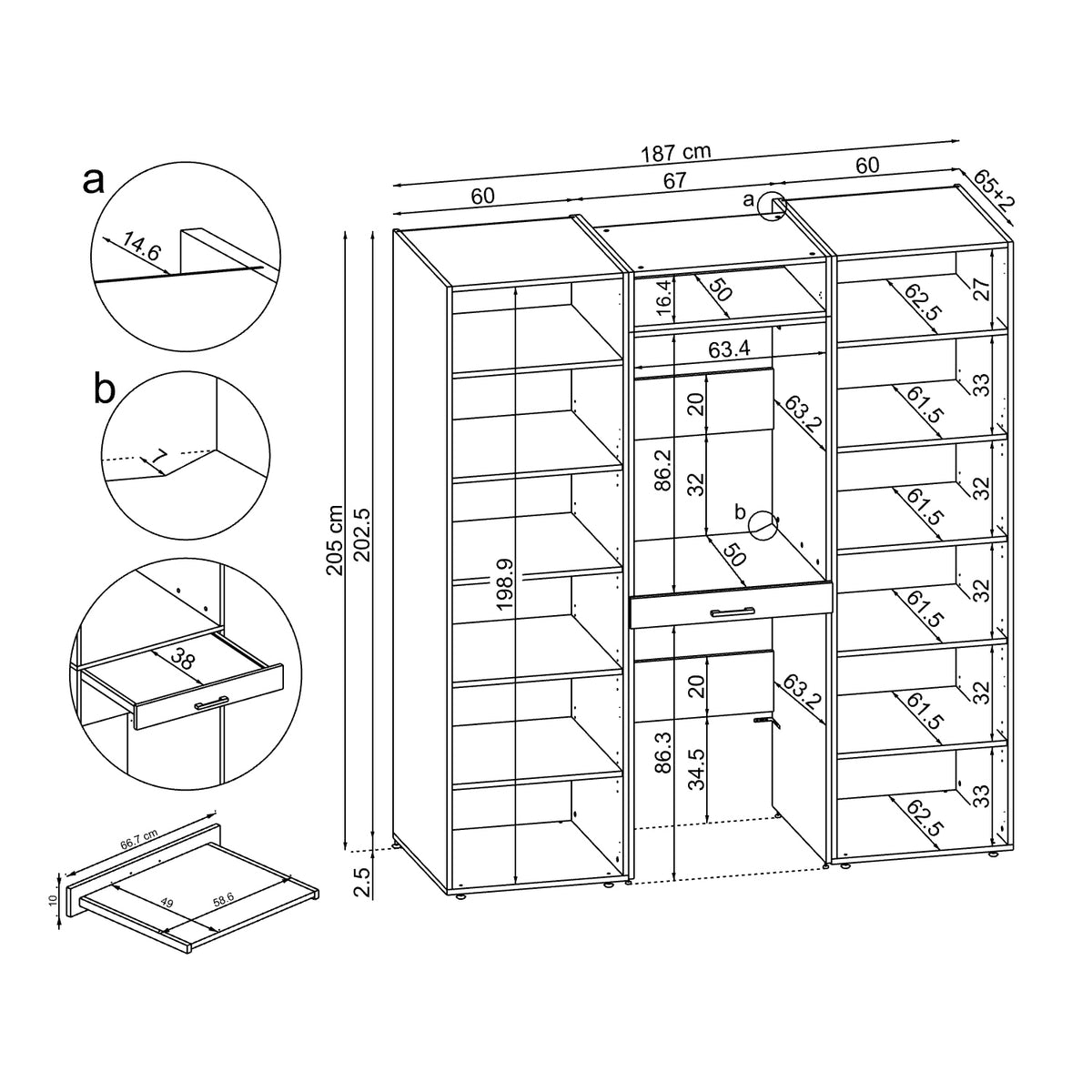 Roomart kastwand DUO-I, 187 cm, wasmachine en droger boven elkaar, in 3 kleuren