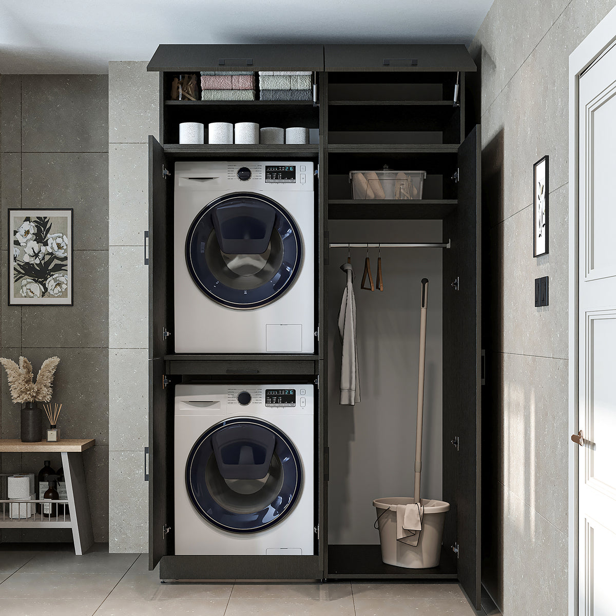 Roomart wasmachinekast DORA-I, 130 cm, met uittrekplank en hoge kast, 5 kleuren