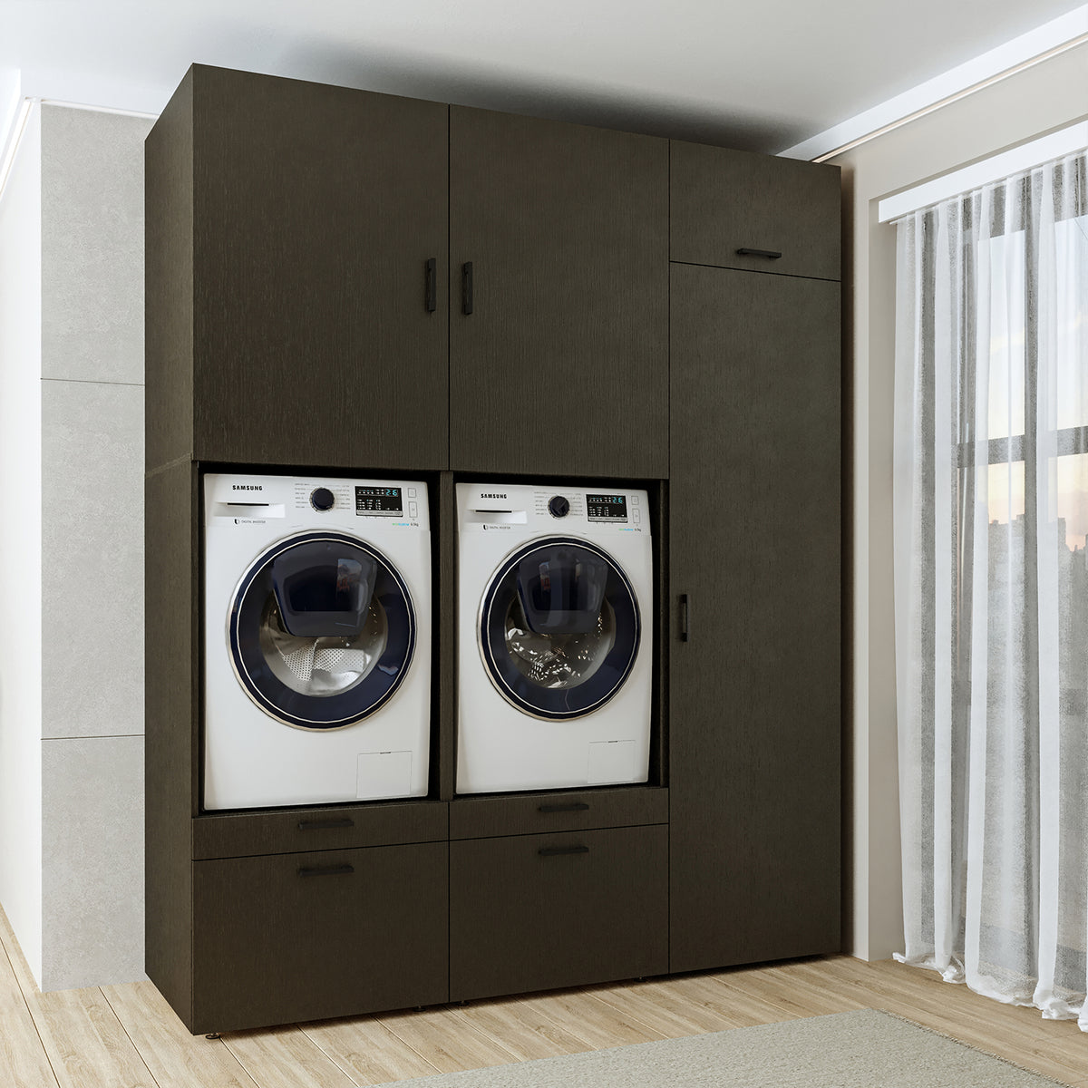 Roomart wasmachinekast SERIE 2, dubbele kast met uittrekplanken en hoge kast, in 3 kleuren