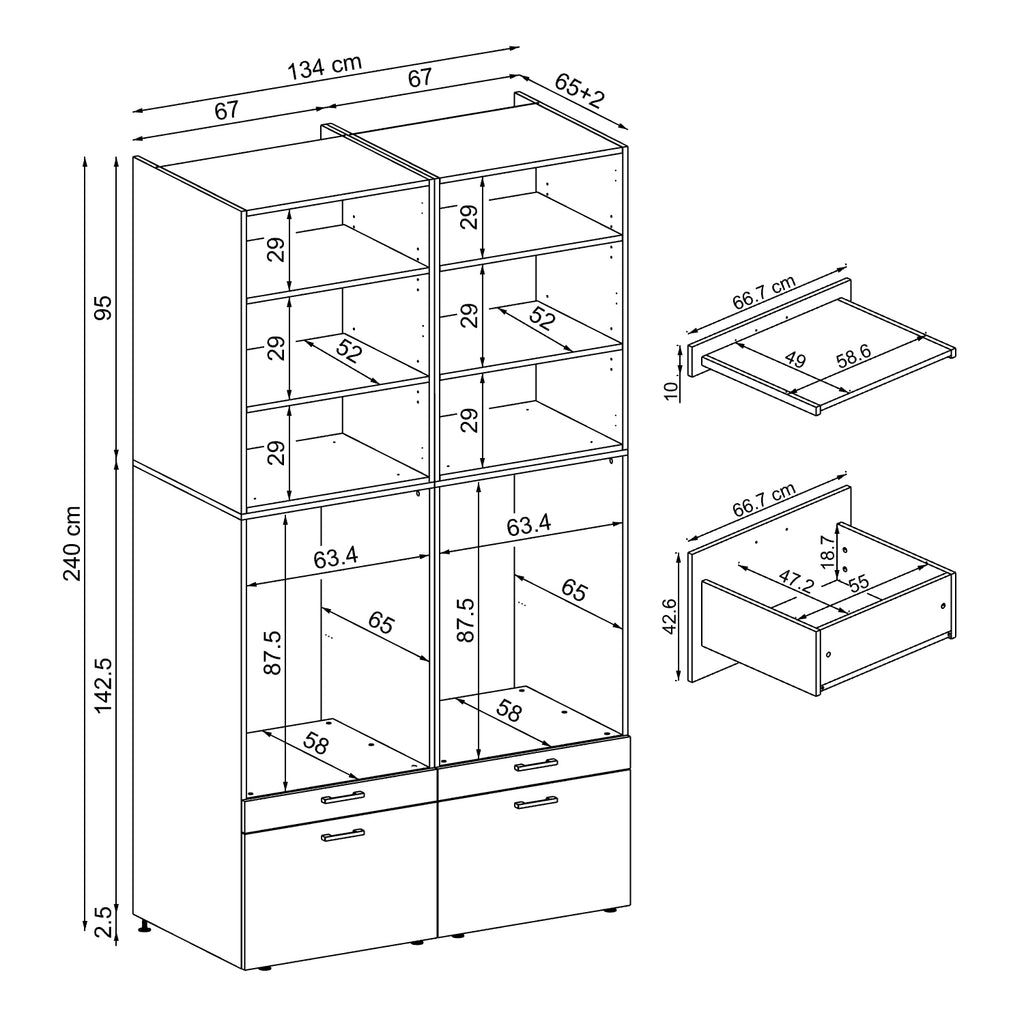 Roomart wasmachinekast SERIE 2, 134 cm, dubbele kast met uittrekplanken, in 3 kleuren