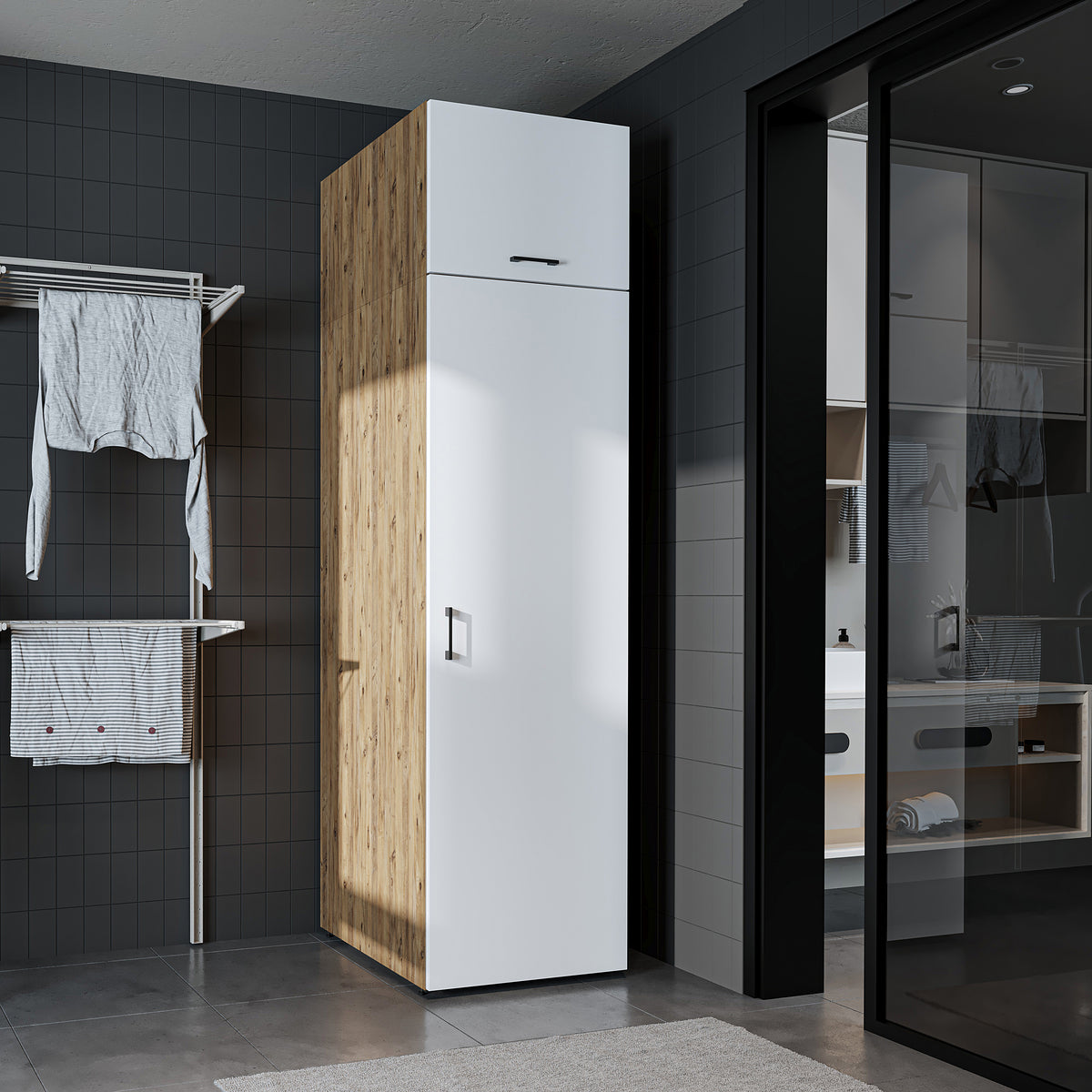 Roomart • DORA Hochschrank 60cm Breit • Weiß • Weiß Eiche • Eiche • Anthracit Eiche - waschmaschinenschrank, waschmaschinenregal, waschturm, schrank, weiß, waschmaschinen, unterschrank, waschmaschine, trockner, haushaltsschrank, schränke, badschrank, hoch