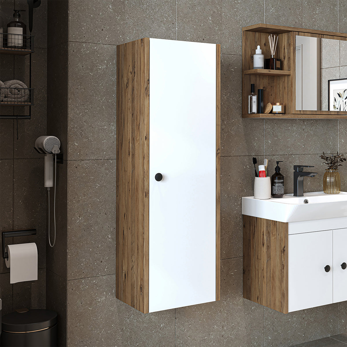 Badschrank ADA in Weiß Eiche wandhängend mit vier Fächern