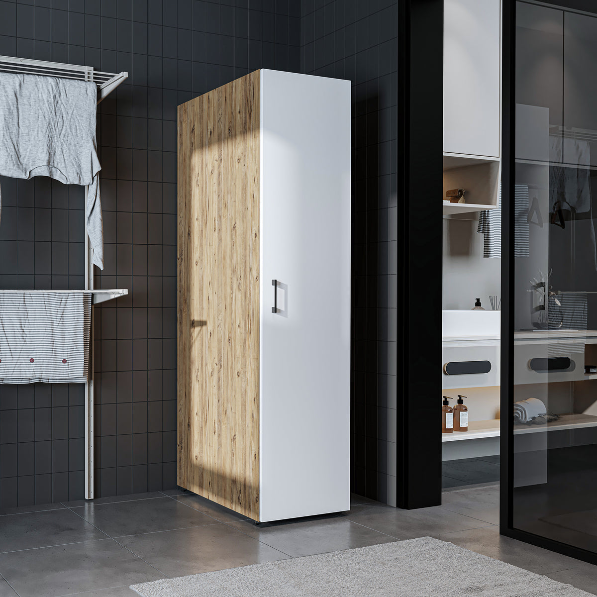 Roomart • DORA Hochschrank 45cm Breit • Weiß • Weiß Eiche • Eiche • Anthracit Eiche - waschmaschinenschrank, waschmaschinenregal, waschturm, schrank, weiß, waschmaschinen, unterschrank, waschmaschine, trockner, haushaltsschrank, schränke, badschrank, hoch