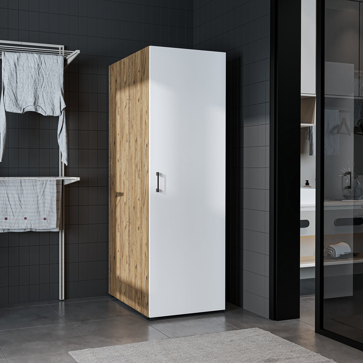Roomart • DORA Hochschrank 60cm Breit • Weiß • Weiß Eiche • Eiche • Anthracit Eiche - waschmaschinenschrank, waschmaschinenregal, waschturm, schrank, weiß, waschmaschinen, unterschrank, waschmaschine, trockner, haushaltsschrank, schränke, badschrank, hoch