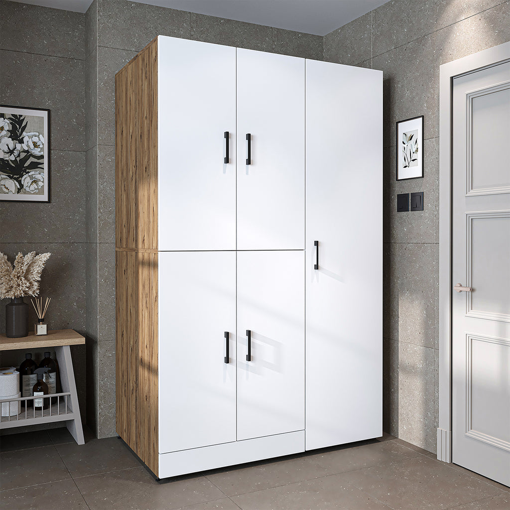 Roomart Waschmaschinenschrank " DORA SET" für Trockner & Waschmaschine, 115 cm breit, in 4 Farben, mit Türen & Ausziehbrett • Weiß • Weiß Eiche • Anthrazit Eiche • Eiche - waschmaschinenschrank, waschmaschinenregal, waschturm, schrank, weiß, waschmaschine