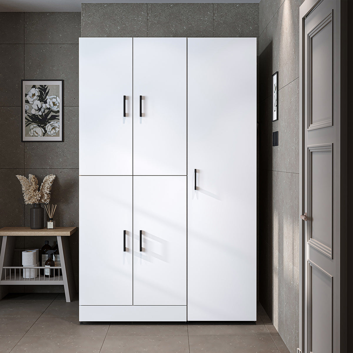 Roomart Waschmaschinenschrank " DORA SET" für Trockner & Waschmaschine, 115 cm breit, in 4 Farben, mit Türen & Ausziehbrett • Weiß • Weiß Eiche • Anthrazit Eiche • Eiche - waschmaschinenschrank, waschmaschinenregal, waschturm, schrank, weiß, waschmaschine