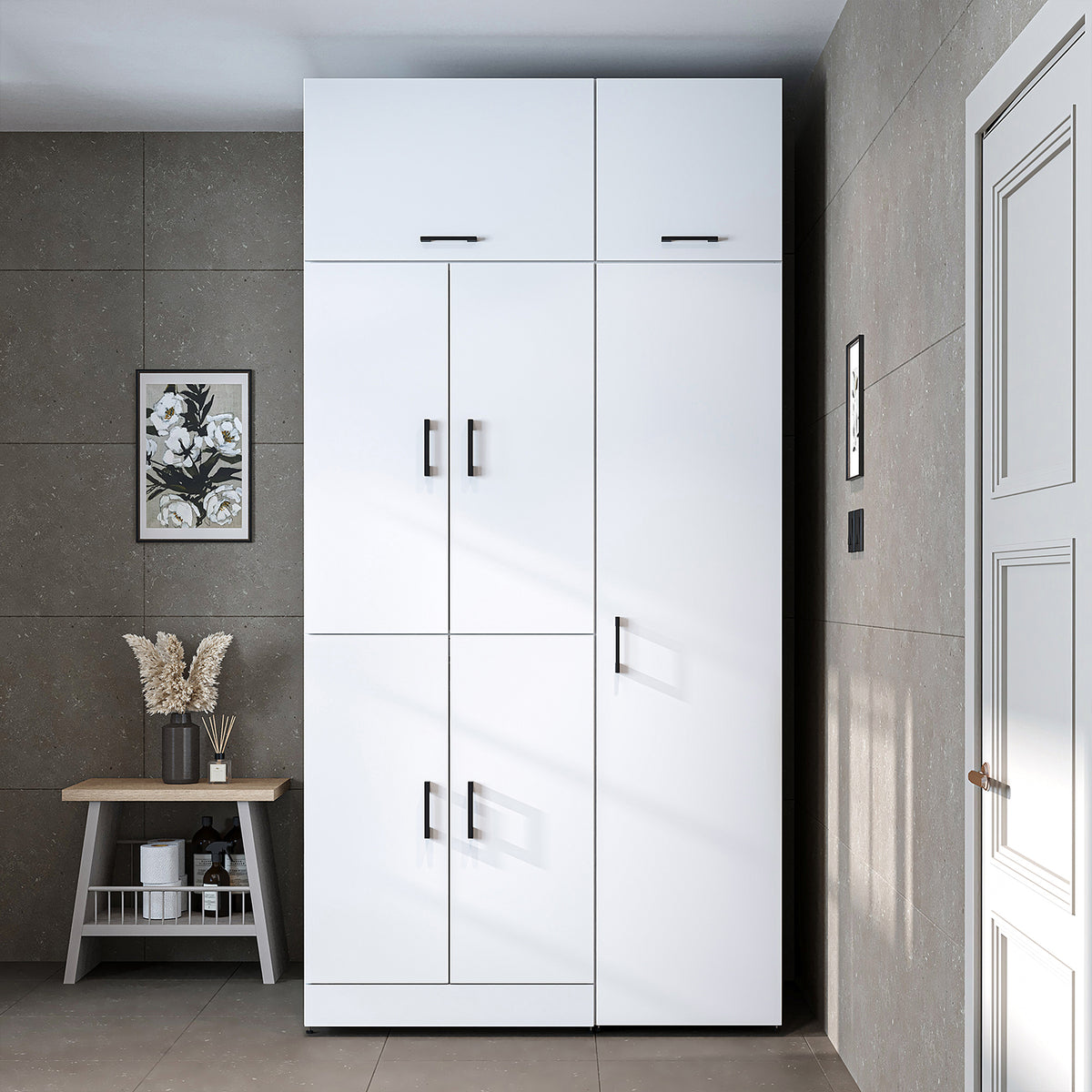 Roomart Waschmaschinenschrank " DORA SET" für Trockner & Waschmaschine, 115 cm breit, in 4 Farben, mit Türen & Ausziehbrett • Weiß • Weiß Eiche • Anthrazit Eiche • Eiche - waschmaschinenschrank, waschmaschinenregal, waschturm, schrank, weiß, waschmaschine