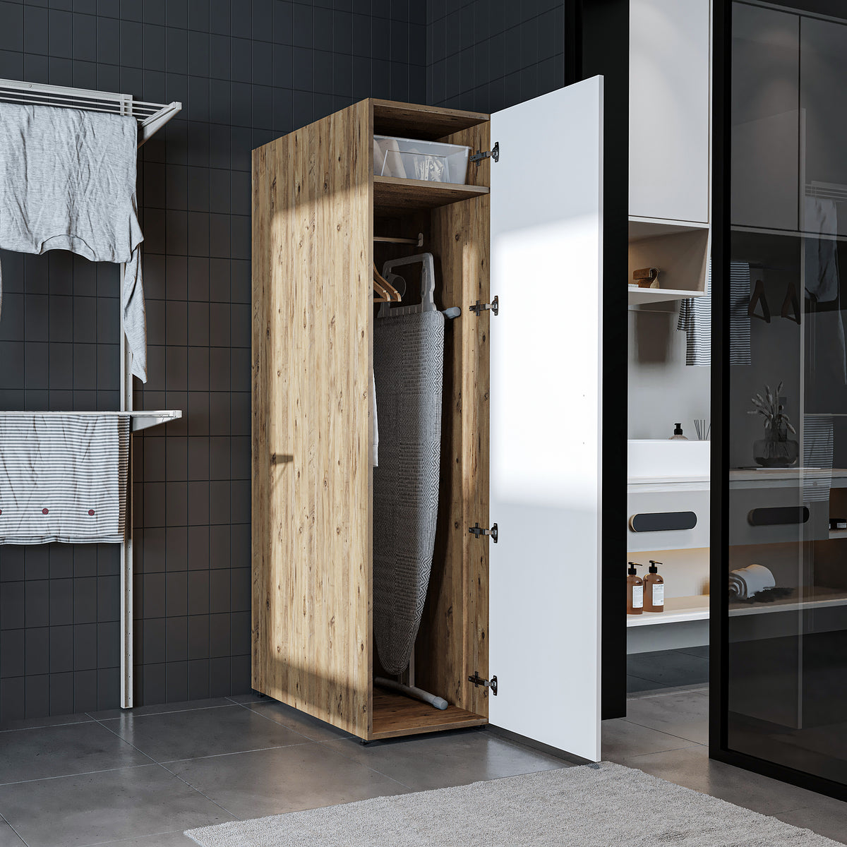 Roomart • DORA Hochschrank 45cm Breit • Weiß • Weiß Eiche • Eiche • Anthracit Eiche - waschmaschinenschrank, waschmaschinenregal, waschturm, schrank, weiß, waschmaschinen, unterschrank, waschmaschine, trockner, haushaltsschrank, schränke, badschrank, hoch