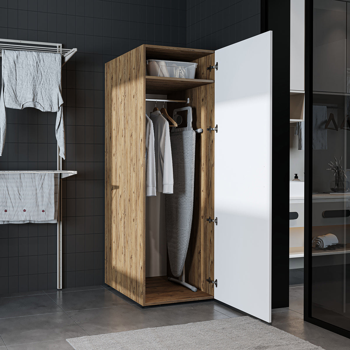 Roomart • DORA Hochschrank 60cm Breit • Weiß • Weiß Eiche • Eiche • Anthracit Eiche - waschmaschinenschrank, waschmaschinenregal, waschturm, schrank, weiß, waschmaschinen, unterschrank, waschmaschine, trockner, haushaltsschrank, schränke, badschrank, hoch