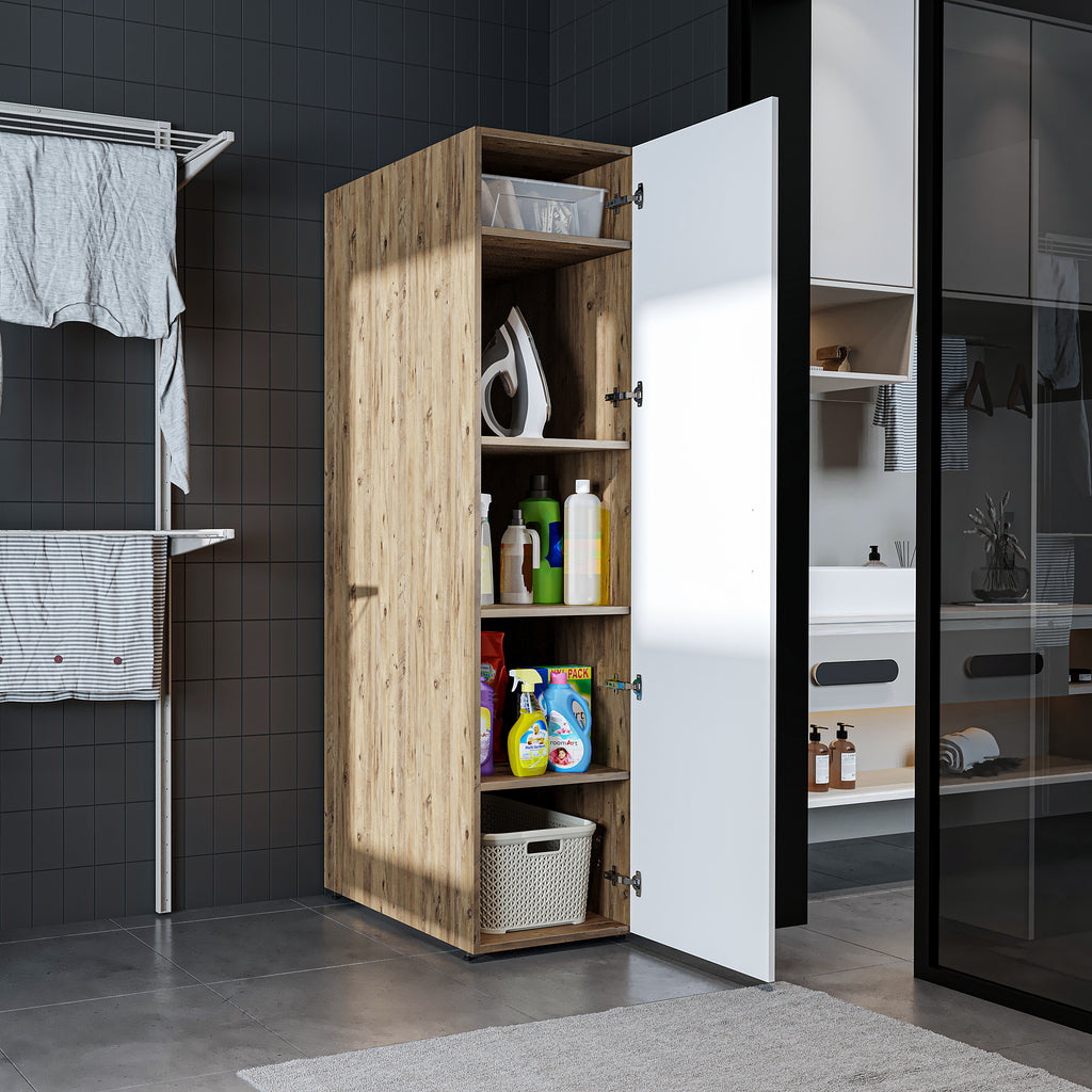 Roomart • DORA Hochschrank 45cm Breit • Weiß • Weiß Eiche • Eiche • Anthracit Eiche - waschmaschinenschrank, waschmaschinenregal, waschturm, schrank, weiß, waschmaschinen, unterschrank, waschmaschine, trockner, haushaltsschrank, schränke, badschrank, hoch