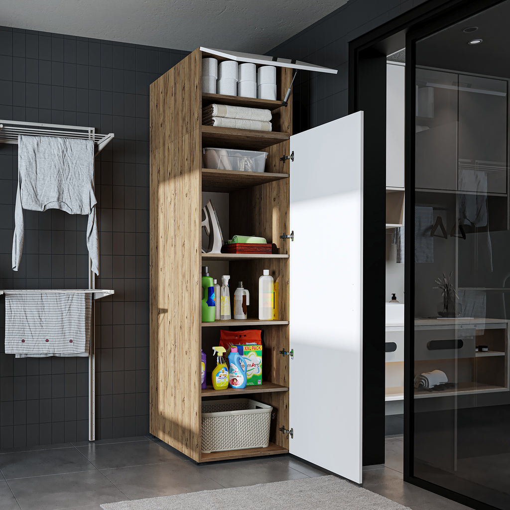 Roomart • DORA Hochschrank 60cm Breit • Weiß • Weiß Eiche • Eiche • Anthracit Eiche - waschmaschinenschrank, waschmaschinenregal, waschturm, schrank, weiß, waschmaschinen, unterschrank, waschmaschine, trockner, haushaltsschrank, schränke, badschrank, hoch
