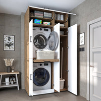 Roomart Waschmaschinenschrank " DORA SET" für Trockner & Waschmaschine, 115 cm breit, in 4 Farben, mit Türen & Ausziehbrett • Weiß • Weiß Eiche • Anthrazit Eiche • Eiche - waschmaschinenschrank, waschmaschinenregal, waschturm, schrank, weiß, waschmaschine