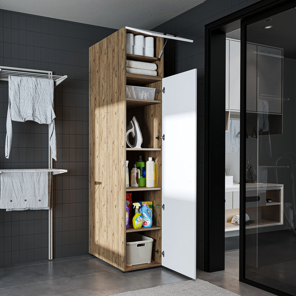 Roomart • DORA Hochschrank 45cm Breit • Weiß • Weiß Eiche • Eiche • Anthracit Eiche - waschmaschinenschrank, waschmaschinenregal, waschturm, schrank, weiß, waschmaschinen, unterschrank, waschmaschine, trockner, haushaltsschrank, schränke, badschrank, hoch
