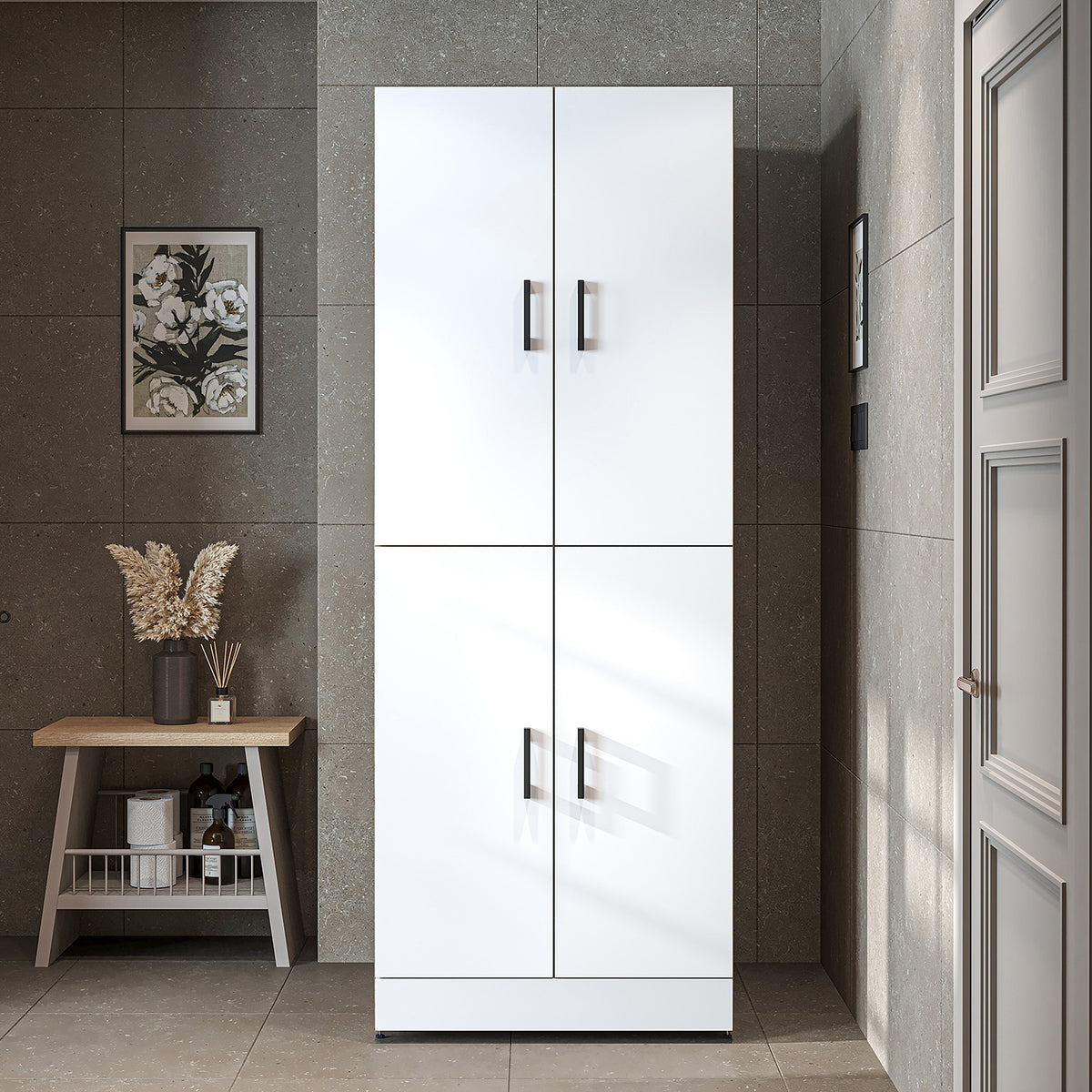 Roomart Waschmaschinenschrank " DORA " für Trockner & Waschmaschine, in 4 Farben, mit Türen & Ausziehbrett • Weiß • Weiß Eiche • Anthrazit Eiche • Eiche - waschmaschinenschrank, waschmaschinenregal, waschturm, schrank, weiß, waschmaschinen, unterschrank, 