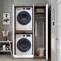 Roomart Waschmaschinenschrank " DORA SET" für Trockner & Waschmaschine, 115 cm breit, in 4 Farben, mit Türen & Ausziehbrett • Weiß • Weiß Eiche • Anthrazit Eiche • Eiche - waschmaschinenschrank, waschmaschinenregal, waschturm, schrank, weiß, waschmaschine