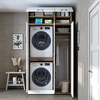 Roomart Waschmaschinenschrank " DORA SET" für Trockner & Waschmaschine, 115 cm breit, in 4 Farben, mit Türen & Ausziehbrett • Weiß • Weiß Eiche • Anthrazit Eiche • Eiche - waschmaschinenschrank, waschmaschinenregal, waschturm, schrank, weiß, waschmaschine