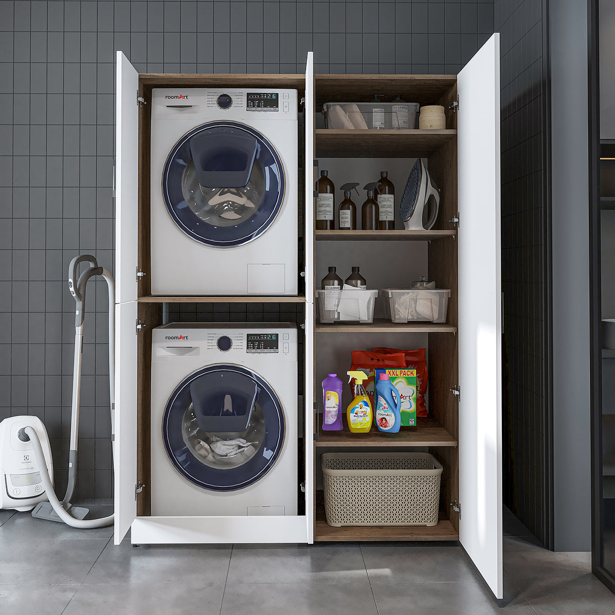Maßzeichnung Waschmaschinenschrank DORA-II, ca. 130 x 185,8 x 73,8 cm