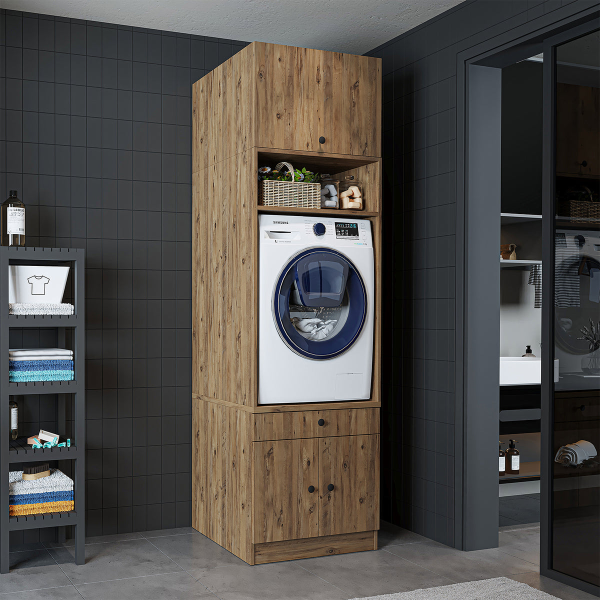 Roomart Waschmaschinenschrank mit Ausziehbrett • Weiß • Eiche • Schwarz eiche - waschmaschinenschrank, waschmaschinenregal, waschturm, schrank, weiß, waschmaschinen, unterschrank, waschmaschine, trockner, haushaltsschrank, schränke, badschrank, hochschran