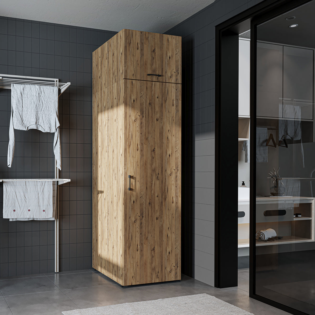 Roomart • DORA Hochschrank 60cm Breit • Weiß • Weiß Eiche • Eiche • Anthracit Eiche - waschmaschinenschrank, waschmaschinenregal, waschturm, schrank, weiß, waschmaschinen, unterschrank, waschmaschine, trockner, haushaltsschrank, schränke, badschrank, hoch