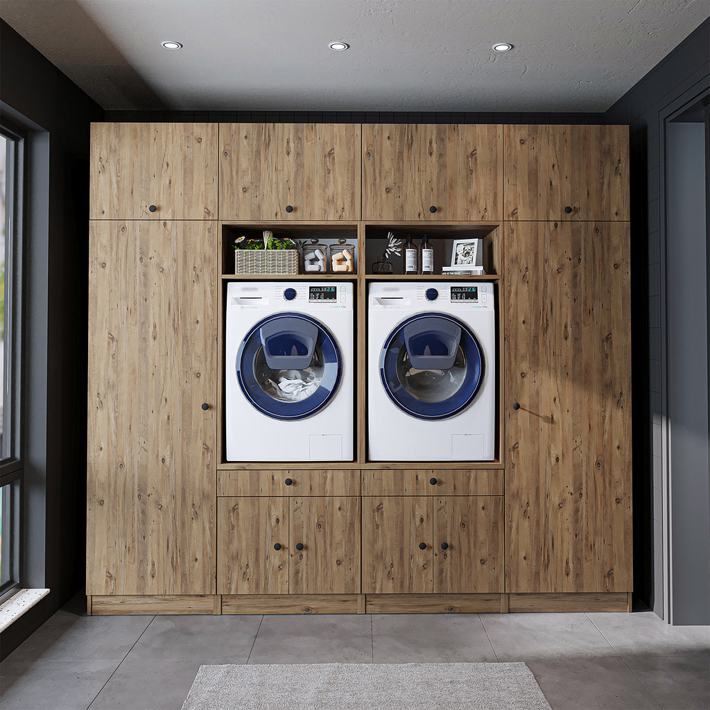 Roomart Schrankwand für Waschküche & Hauswirtschaftsraum – 254 cm breit – mit Ausziehbrett – in • Weiß •Eiche •Schwarz-Eiche - badezimmerschrank, waschbecken, badezimmermöbel, badschrank, badezimmer, mit, unterschrank, badmöbel, set, waschtisch, möbel, ba
