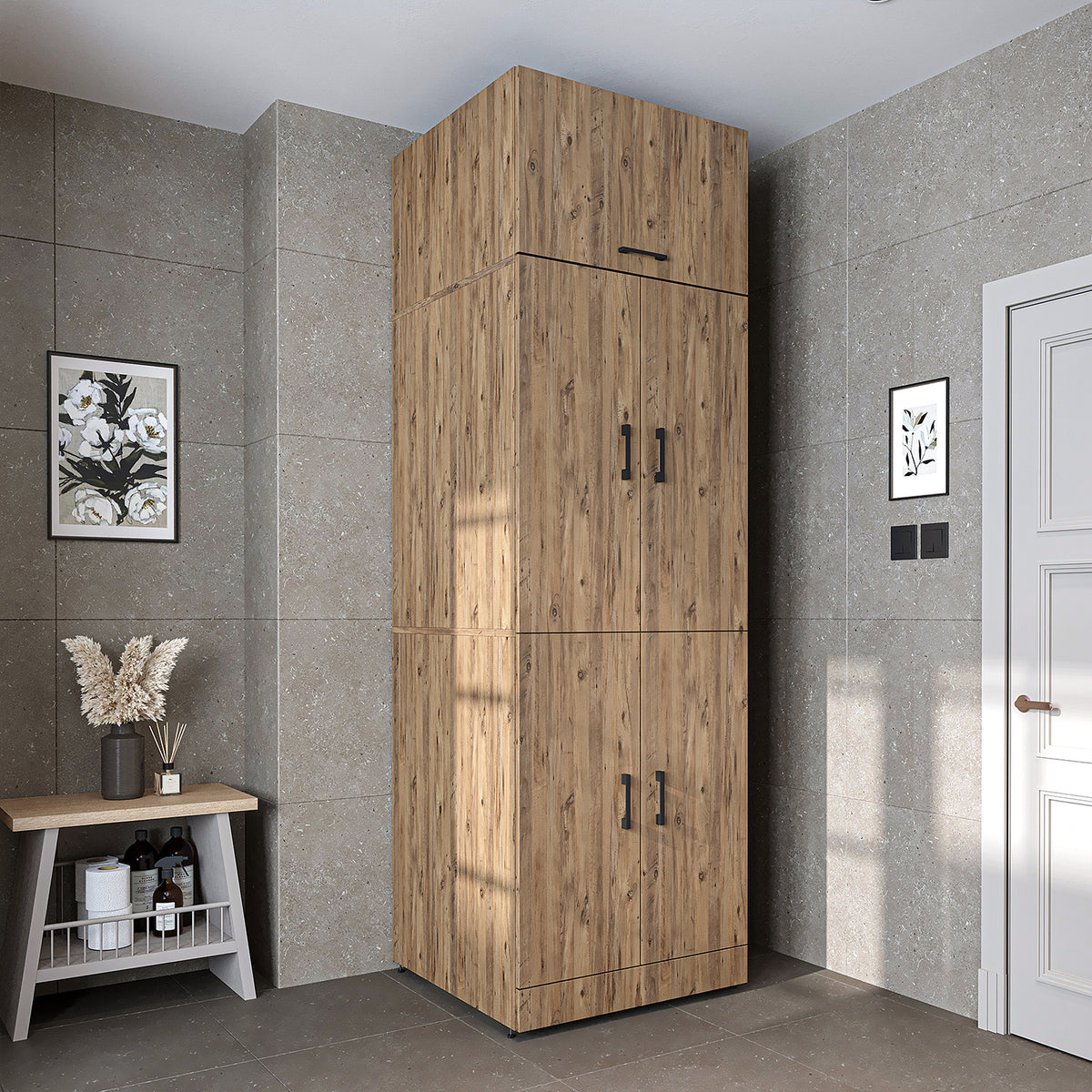 Roomart Waschmaschinenschrank " DORA " für Trockner & Waschmaschine, in 4 Farben, mit Türen & Ausziehbrett • Weiß • Weiß Eiche • Anthrazit Eiche • Eiche - waschmaschinenschrank, waschmaschinenregal, waschturm, schrank, weiß, waschmaschinen, unterschrank, 