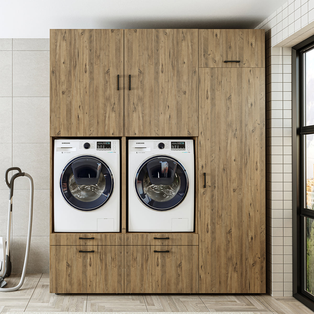 Roomart wasmachinekast SERIE 2, dubbele kast met uittrekplanken en hoge kast, in 3 kleuren