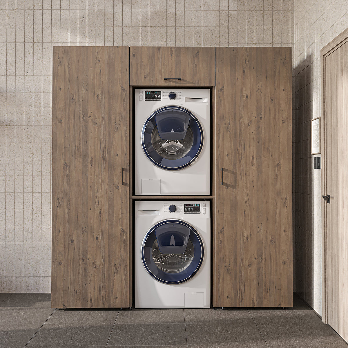 Roomart wandmeubel DUO-I, 187 cm, met 2 hoge kasten en bovenkast voor wasmachine & droger, in 2 kleuren