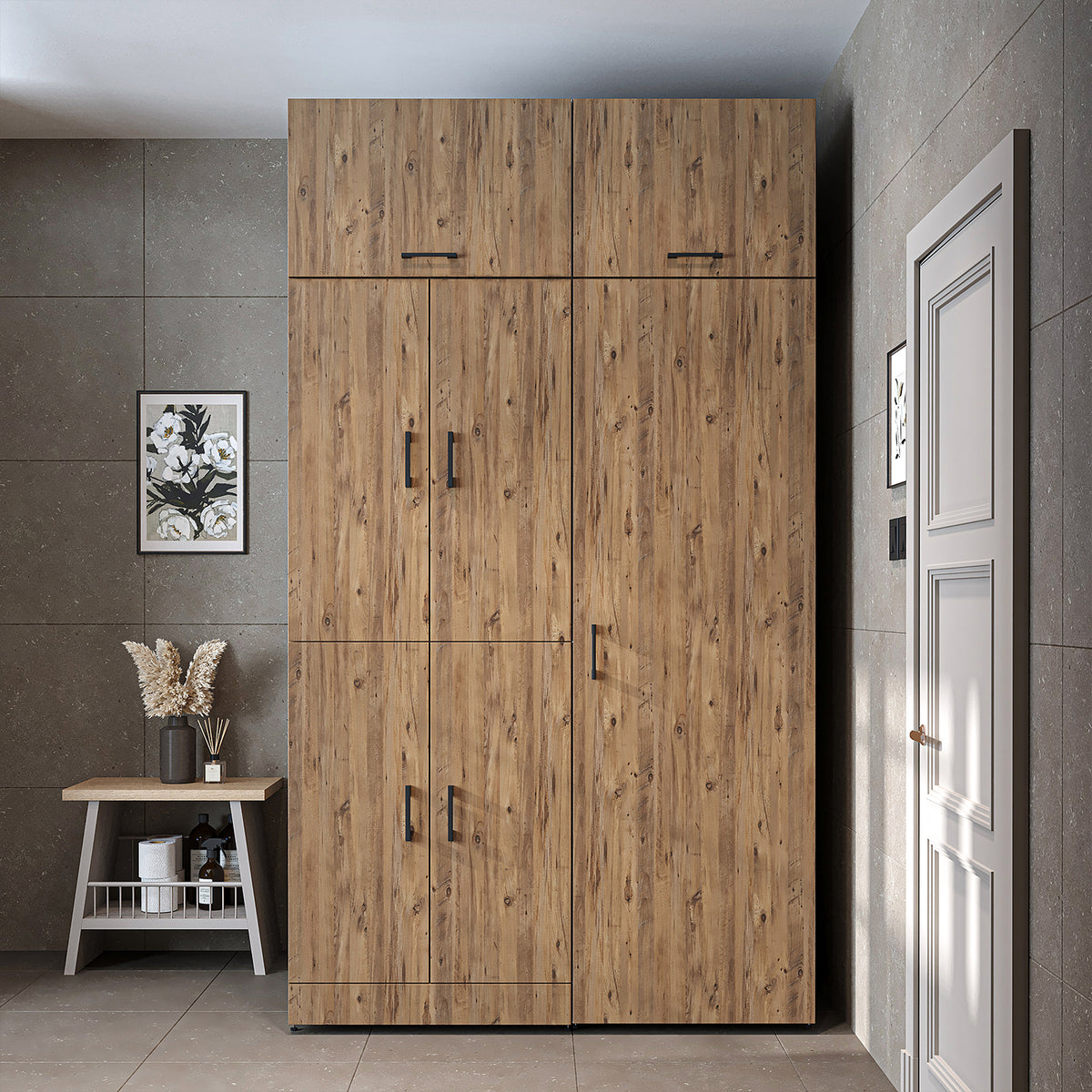 Roomart Waschmaschinenschrank " DORA SET" für Trockner & Waschmaschine, 130 cm breit, in 4 Farben, mit Türen & Ausziehbrett • Weiß • Weiß Eiche • Anthrazit Eiche • Eiche - waschmaschinenschrank, waschmaschinenregal, waschturm, schrank, weiß, waschmaschine