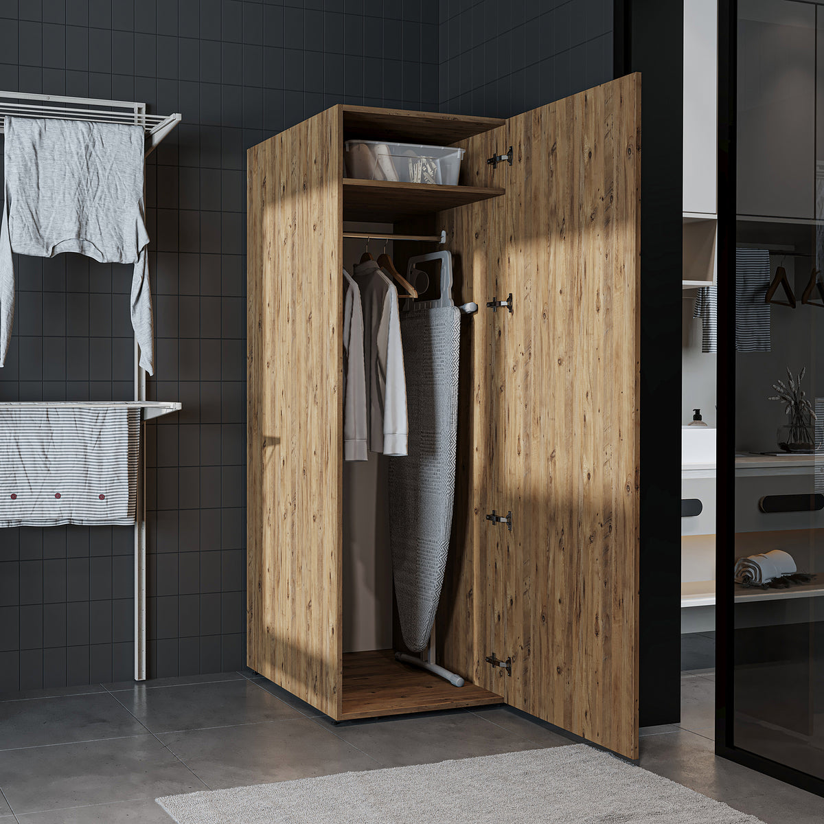 Roomart • DORA Hochschrank 60cm Breit • Weiß • Weiß Eiche • Eiche • Anthracit Eiche - waschmaschinenschrank, waschmaschinenregal, waschturm, schrank, weiß, waschmaschinen, unterschrank, waschmaschine, trockner, haushaltsschrank, schränke, badschrank, hoch