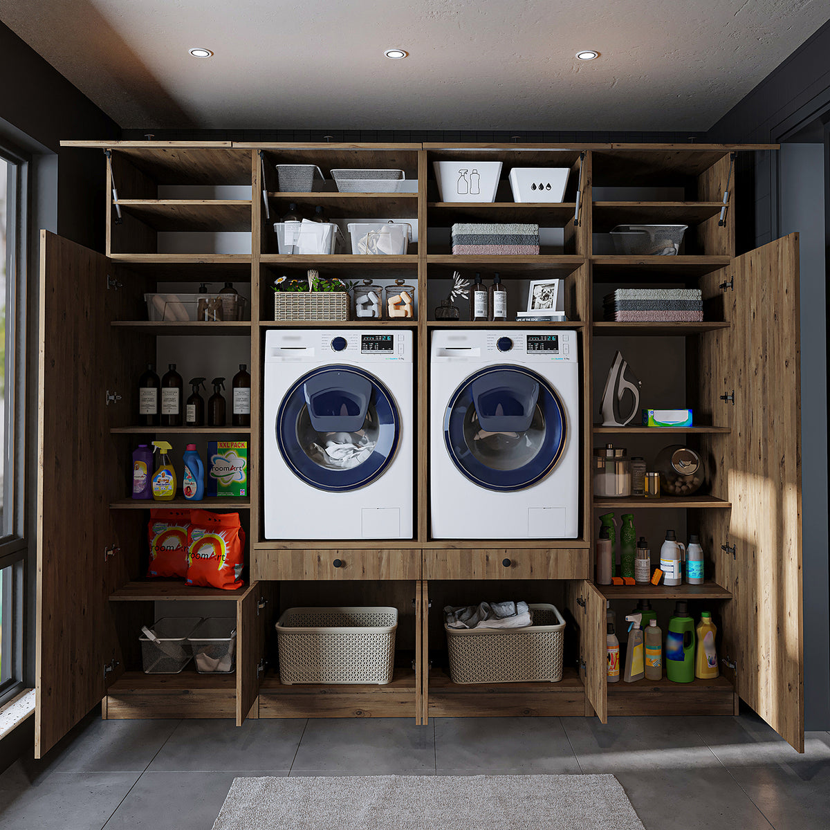 Roomart Schrankwand für Waschküche & Hauswirtschaftsraum – 254 cm breit – mit Ausziehbrett – in • Weiß •Eiche •Schwarz-Eiche - badezimmerschrank, waschbecken, badezimmermöbel, badschrank, badezimmer, mit, unterschrank, badmöbel, set, waschtisch, möbel, ba