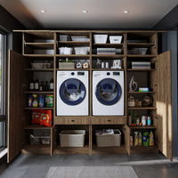 Roomart Schrankwand für Waschküche & Hauswirtschaftsraum – 254 cm breit – mit Ausziehbrett – in • Weiß •Eiche •Schwarz-Eiche - badezimmerschrank, waschbecken, badezimmermöbel, badschrank, badezimmer, mit, unterschrank, badmöbel, set, waschtisch, möbel, ba