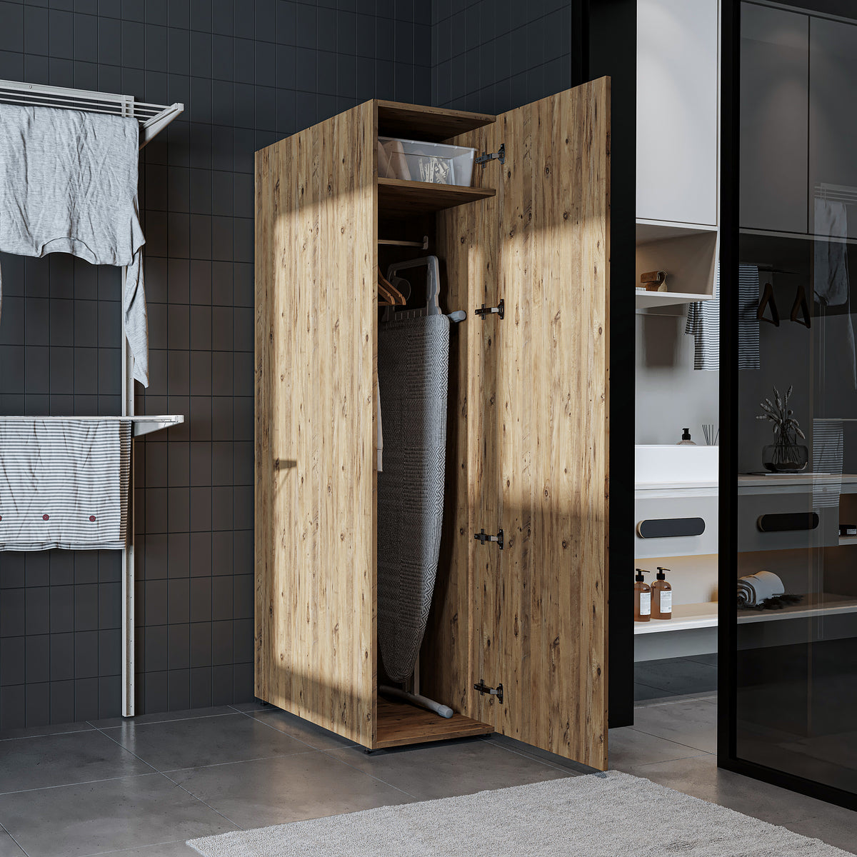 Roomart • DORA Hochschrank 45cm Breit • Weiß • Weiß Eiche • Eiche • Anthracit Eiche - waschmaschinenschrank, waschmaschinenregal, waschturm, schrank, weiß, waschmaschinen, unterschrank, waschmaschine, trockner, haushaltsschrank, schränke, badschrank, hoch