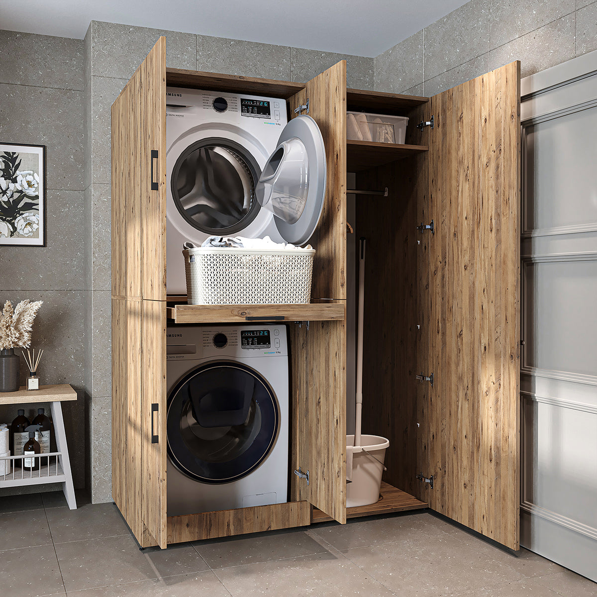 Roomart Waschmaschinenschrank " DORA SET" für Trockner & Waschmaschine, 130 cm breit, in 4 Farben, mit Türen & Ausziehbrett • Weiß • Weiß Eiche • Anthrazit Eiche • Eiche - waschmaschinenschrank, waschmaschinenregal, waschturm, schrank, weiß, waschmaschine