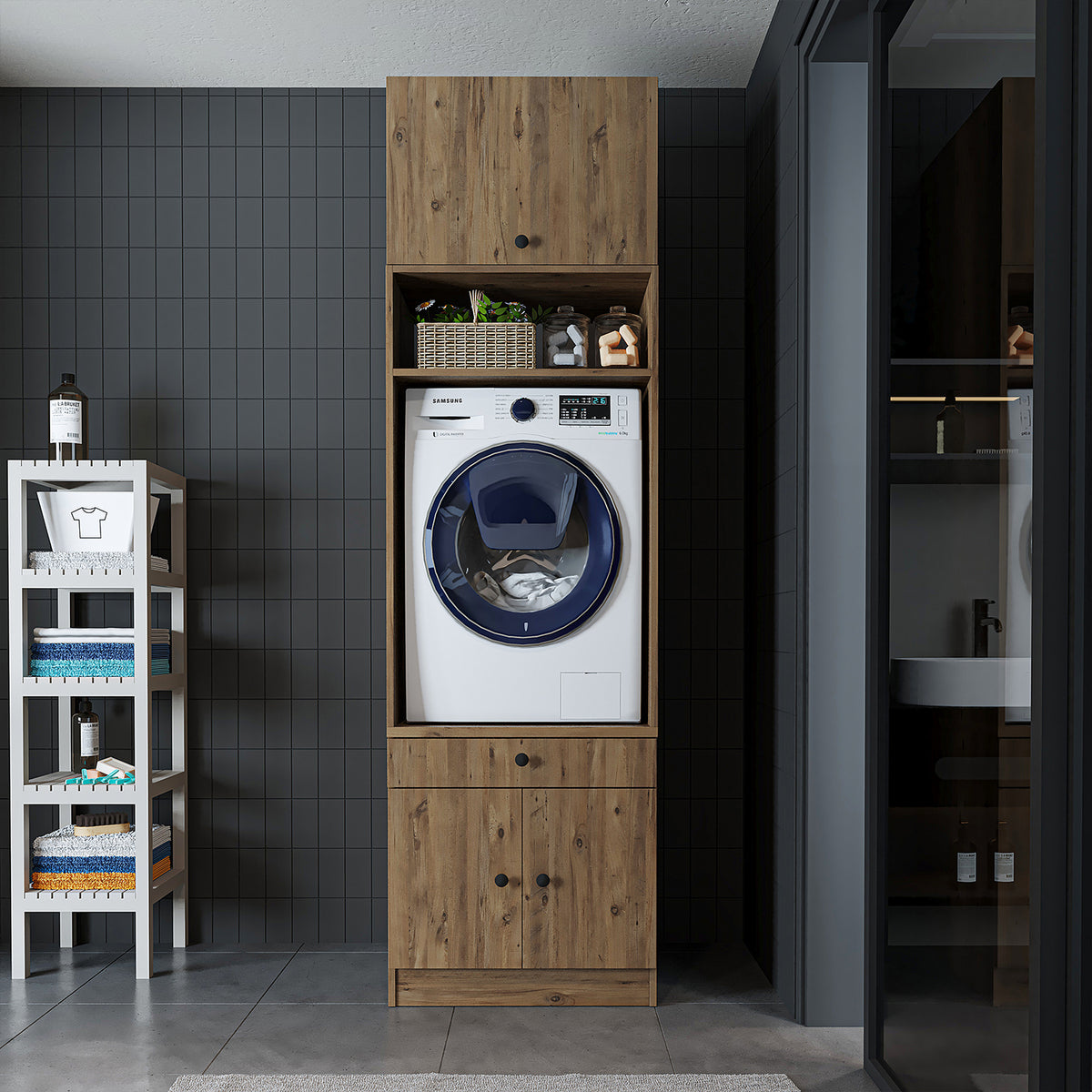 Roomart Waschmaschinenschrank mit Ausziehbrett • Weiß • Eiche • Schwarz eiche - waschmaschinenschrank, waschmaschinenregal, waschturm, schrank, weiß, waschmaschinen, unterschrank, waschmaschine, trockner, haushaltsschrank, schränke, badschrank, hochschran