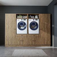 Roomart Schrankwand für Waschküche & Hauswirtschaftsraum – 254 cm breit – mit Ausziehbrett – in • Weiß •Eiche •Schwarz-Eiche - badezimmerschrank, waschbecken, badezimmermöbel, badschrank, badezimmer, mit, unterschrank, badmöbel, set, waschtisch, möbel, ba