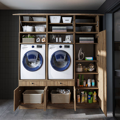Roomart Schrankwand für Waschküche & Hauswirtschaftsraum, in 3 Farben, Mit Ausziehbrett • Weiß • Schwarz eiche - waschmaschinenschrank, waschmaschinenregal, waschturm, schrank, weiß, waschmaschinen, unterschrank, waschmaschine, trockner, haushaltsschrank,