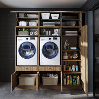Roomart Schrankwand für Waschküche & Hauswirtschaftsraum, in 3 Farben, Mit Ausziehbrett • Weiß • Schwarz eiche - waschmaschinenschrank, waschmaschinenregal, waschturm, schrank, weiß, waschmaschinen, unterschrank, waschmaschine, trockner, haushaltsschrank,