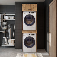 Roomart Waschmaschinenschrank für Trockner & Waschmaschine, in 3 Farben, mit Ausziehbrett • Weiß • Eiche • Schwarz Eiche - waschmaschinenuntergestelle, dämpfer waschmaschine, waschmaschinen aufsatz für trockner, unterschrank waschmaschine, kühlschrank erh
