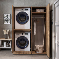 Roomart Waschmaschinenschrank " DORA SET" für Trockner & Waschmaschine, 130 cm breit, in 4 Farben, mit Türen & Ausziehbrett • Weiß • Weiß Eiche • Anthrazit Eiche • Eiche - waschmaschinenschrank, waschmaschinenregal, waschturm, schrank, weiß, waschmaschine