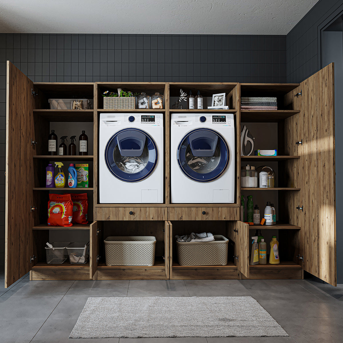 Roomart Schrankwand für Waschküche & Hauswirtschaftsraum – 254 cm breit – mit Ausziehbrett – in • Weiß •Eiche •Schwarz-Eiche - badezimmerschrank, waschbecken, badezimmermöbel, badschrank, badezimmer, mit, unterschrank, badmöbel, set, waschtisch, möbel, ba