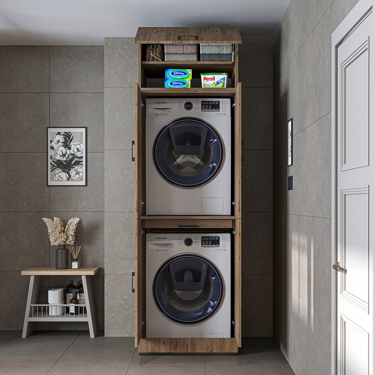 Roomart Waschmaschinenschrank " DORA " für Trockner & Waschmaschine, in 4 Farben, mit Türen & Ausziehbrett • Weiß • Weiß Eiche • Anthrazit Eiche • Eiche - waschmaschinenschrank, waschmaschinenregal, waschturm, schrank, weiß, waschmaschinen, unterschrank, 