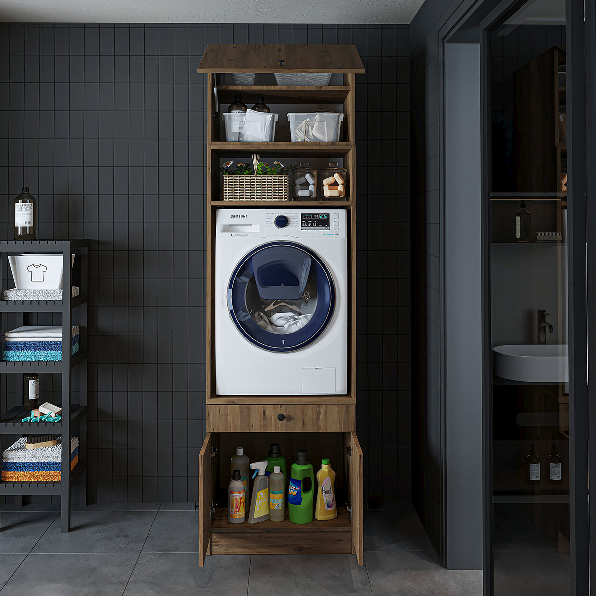 Roomart Waschmaschinenschrank mit Ausziehbrett • Weiß • Eiche • Schwarz eiche - waschmaschinenschrank, waschmaschinenregal, waschturm, schrank, weiß, waschmaschinen, unterschrank, waschmaschine, trockner, haushaltsschrank, schränke, badschrank, hochschran